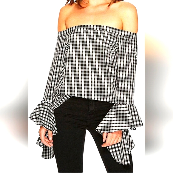 1. State Black White Off Shoulder Checkered Top Bell Sleeve Cotton Boho Preppy S - Picture 1 of 16